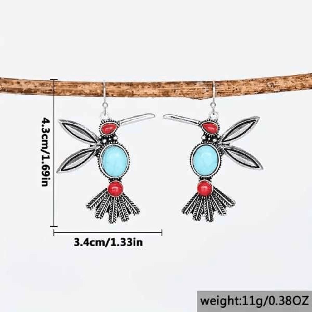 Hummingbird Red Blue Turquoise Dangle Earrings - Picture 5 of 5
